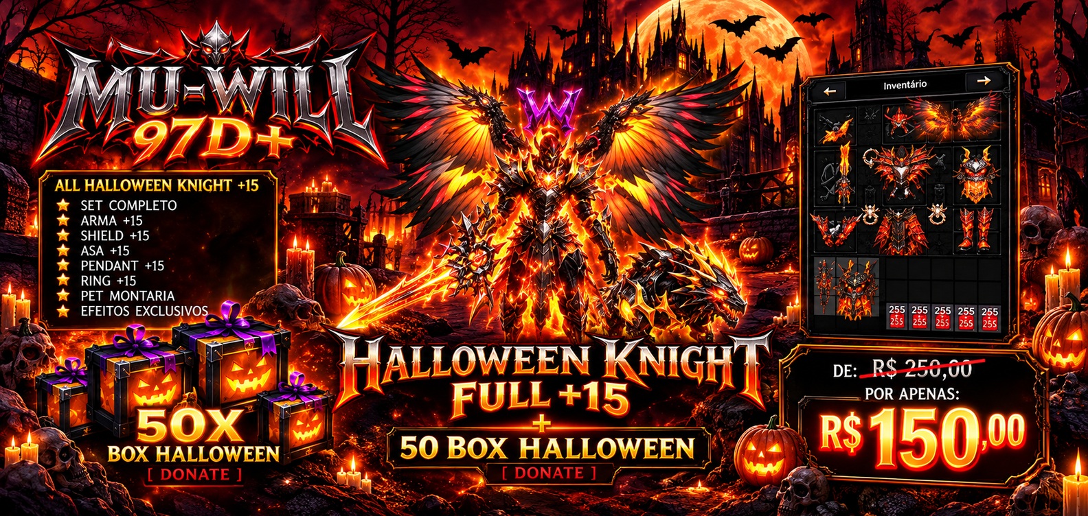 Banner promocional MU-WILL 97D+: All Halloween Knight Full +15 e 50 Box Halloween Donate por R$ 150,00